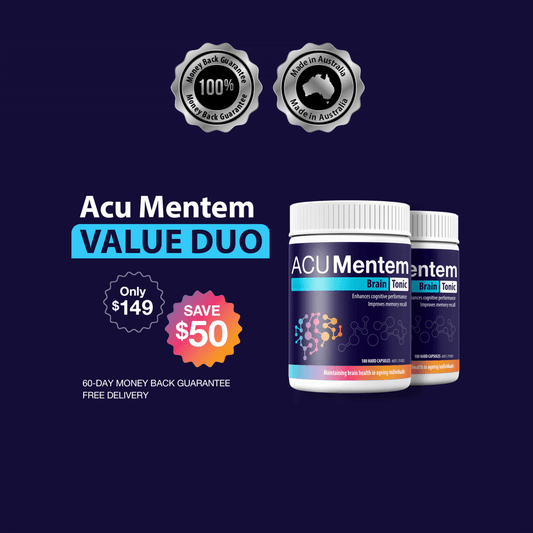 Acu Mentem Value Duo cognitive brain tonic, $149, save $50, Australian made, 60-day money-back guarantee.