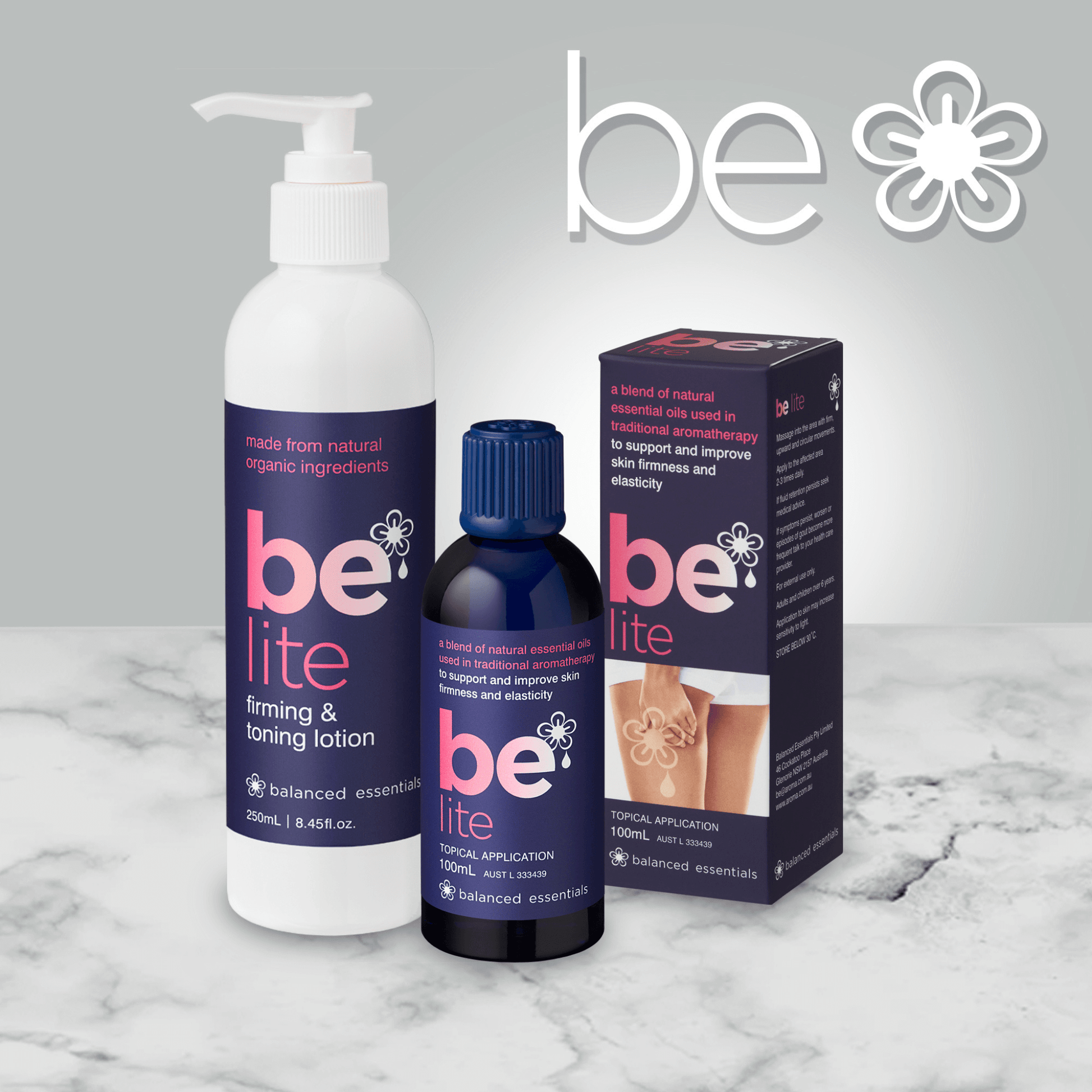 BE Lite Firming and Toning Lotion and Oil by Balanced Essentials, promoting skin firmness and reducing fluid retention.