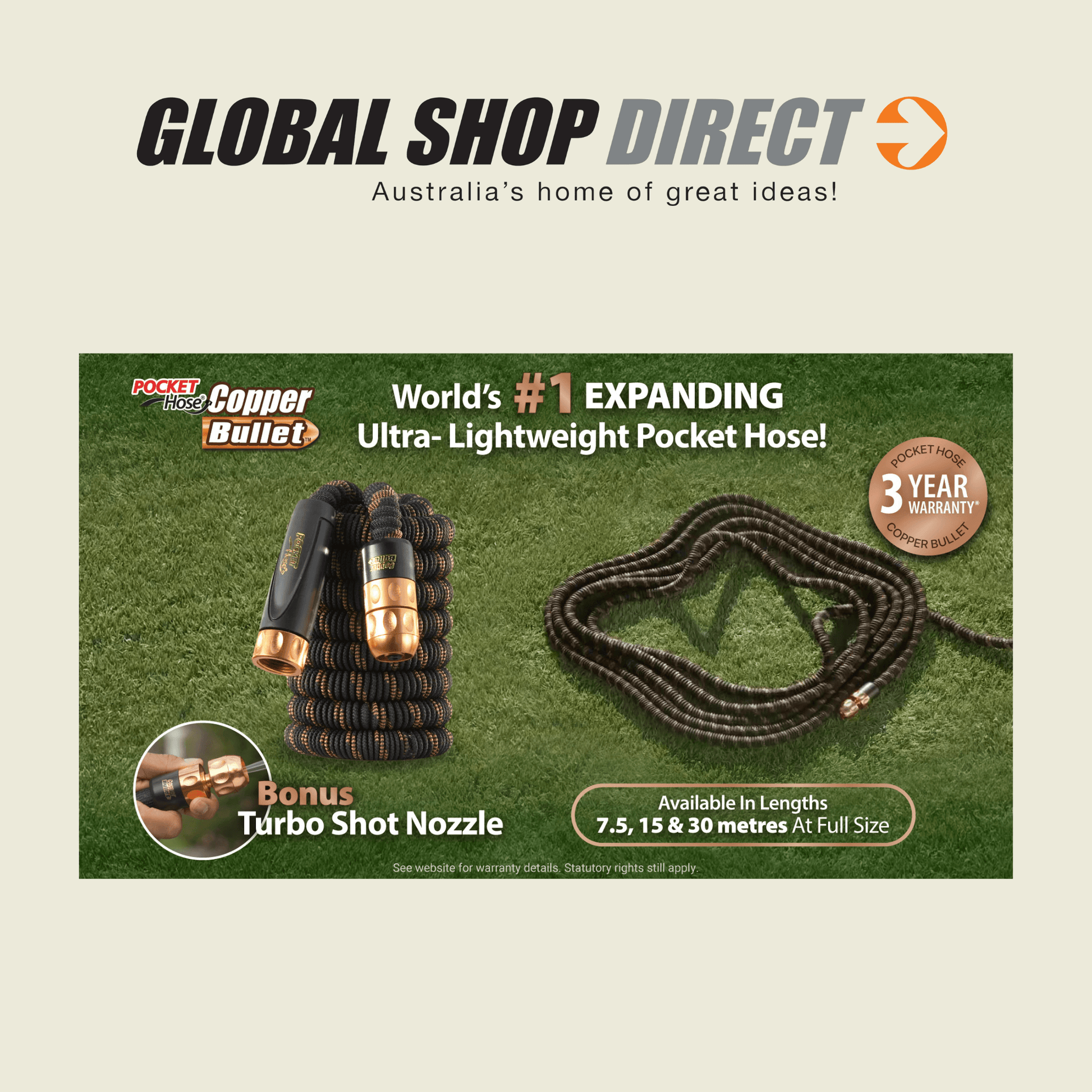 Pocket Hose Copper Bullet from Global Shop Direct - The world's #1 lightweight expanding garden hose with bonus turbo shot nozzle.