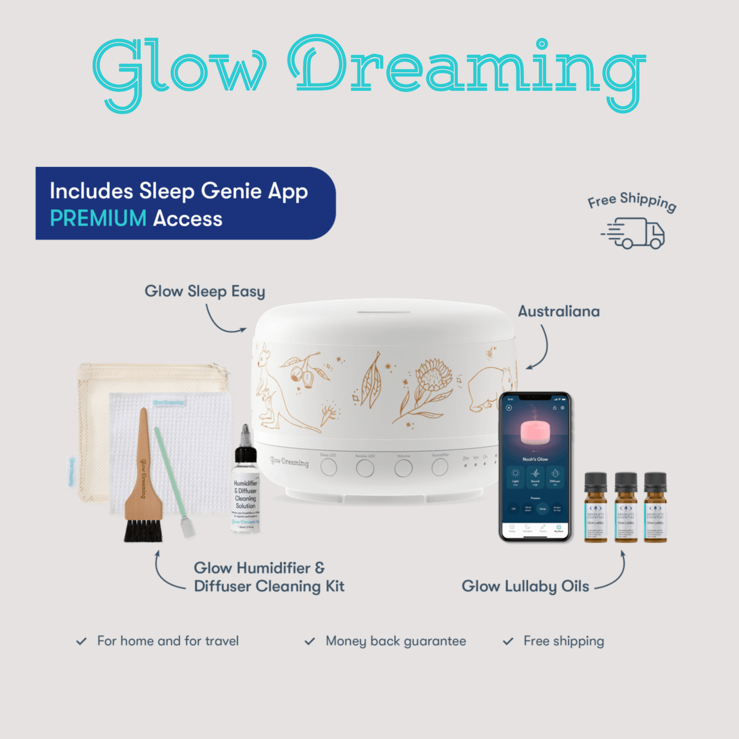 Glow Dreaming Rest & Restore Bundle featuring humidifier, oils, and Sleep Genie app for better sleep.