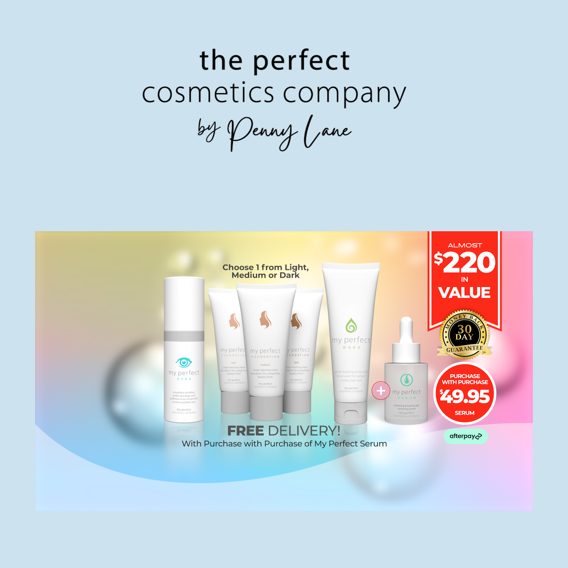 Promotional graphic for The Perfect Cosmetics Company by Penny Lane, featuring skincare products and free delivery offer.