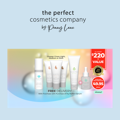 Promotional graphic for The Perfect Cosmetics Company by Penny Lane, featuring skincare products and free delivery offer.