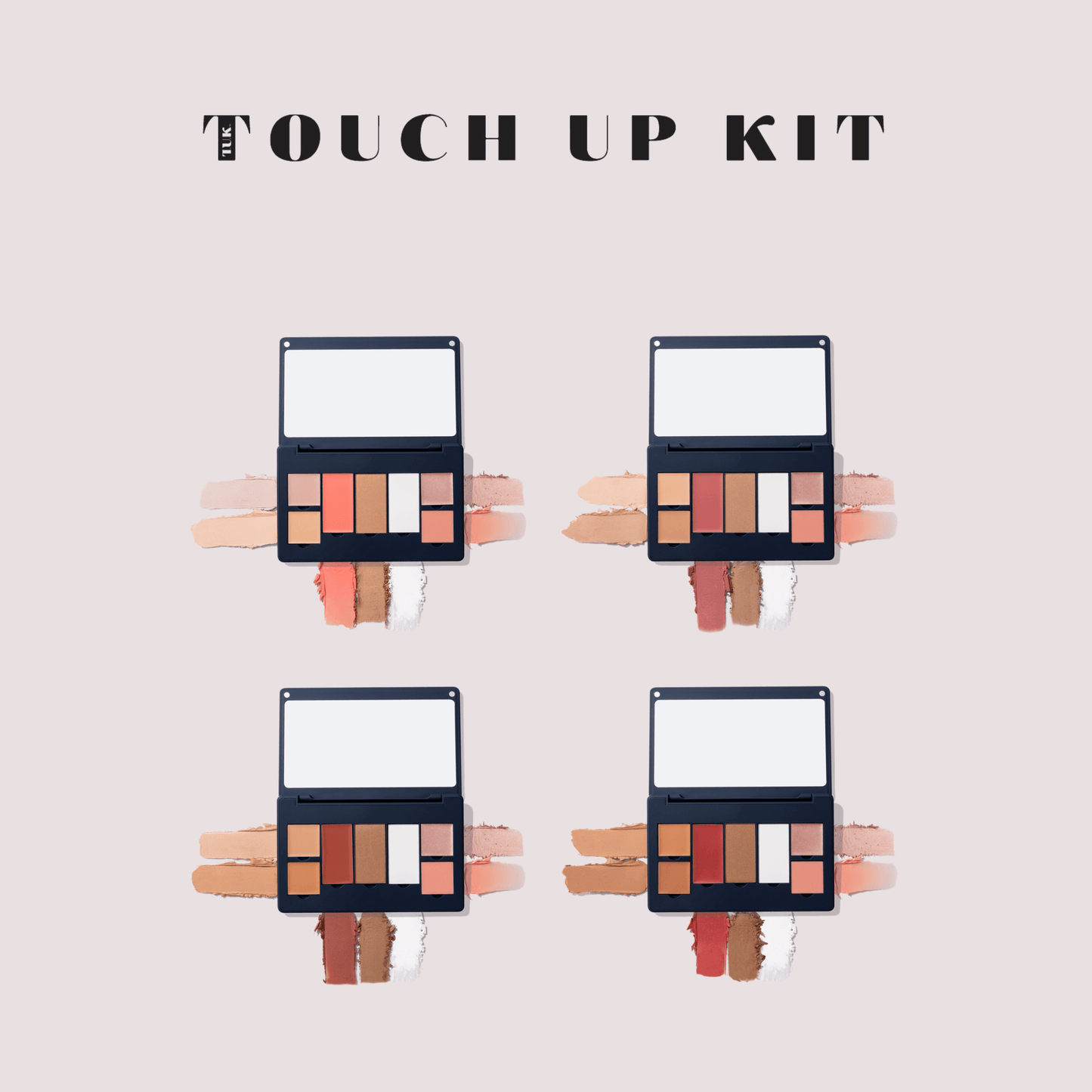 Tuk Makeup Touch Up Kit display with four refillable palettes and swatch colors on a light background.