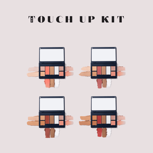 Tuk Makeup Touch Up Kit display with four refillable palettes and swatch colors on a light background.